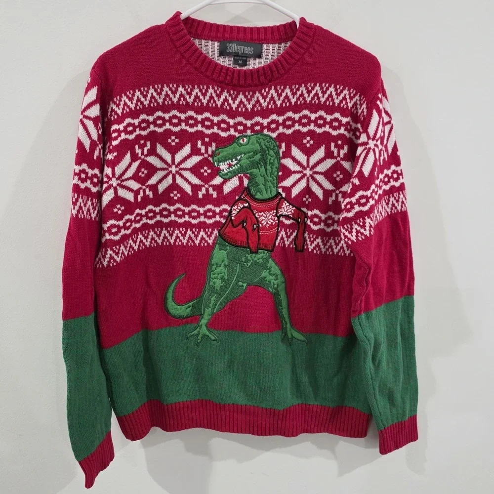 33 Degrees Mens Ugly Christmas Sweater Size Medium Dinosaur Fair‎ Isle Party